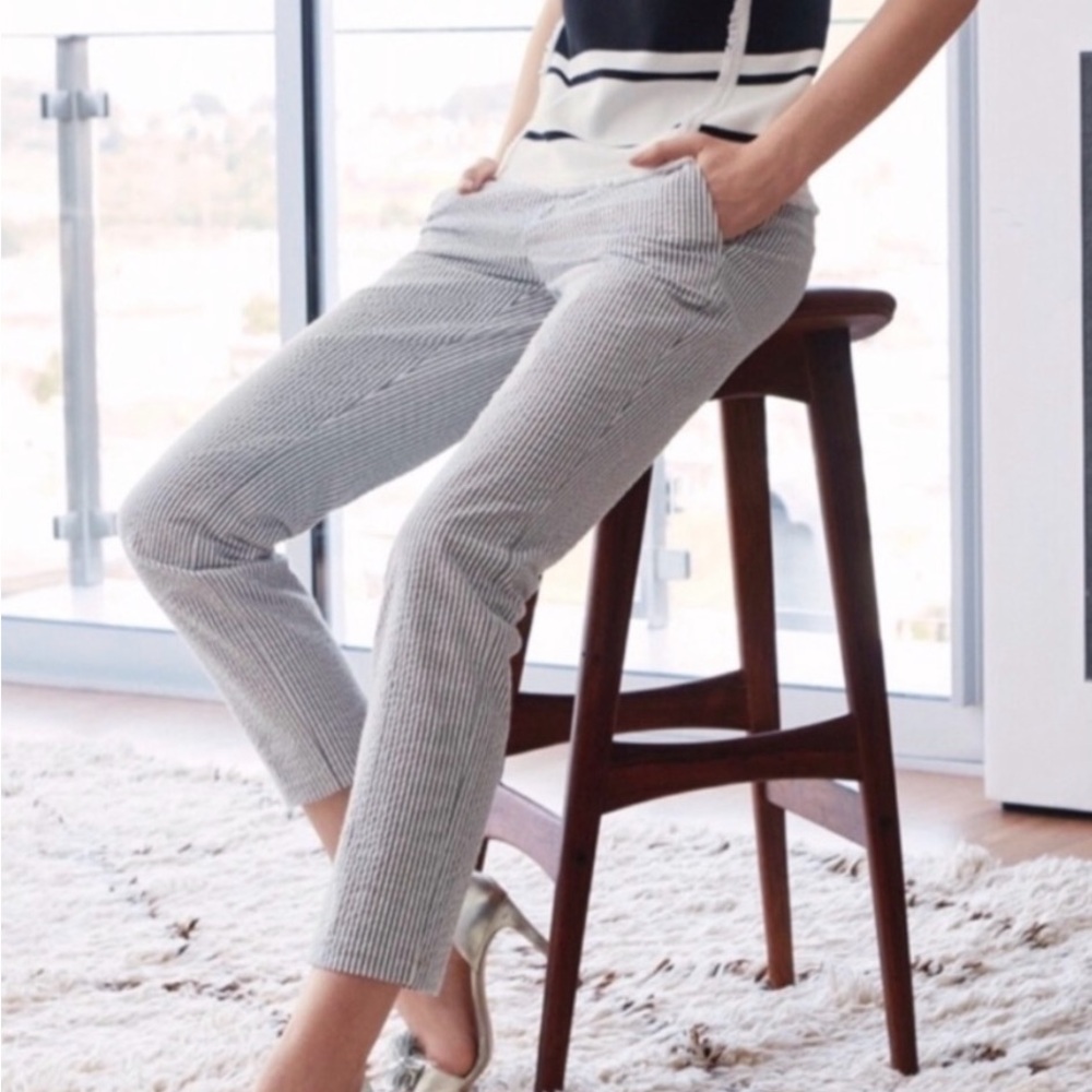 Banana Republic Avery Navy/White Seersucker Stretch Ankle Pants Size 8 Petite